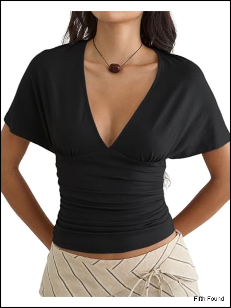 Ruched Waist Deep V-Neck Top Flowy Batwing Sleeve Slim Fit Going Out Crop Top
